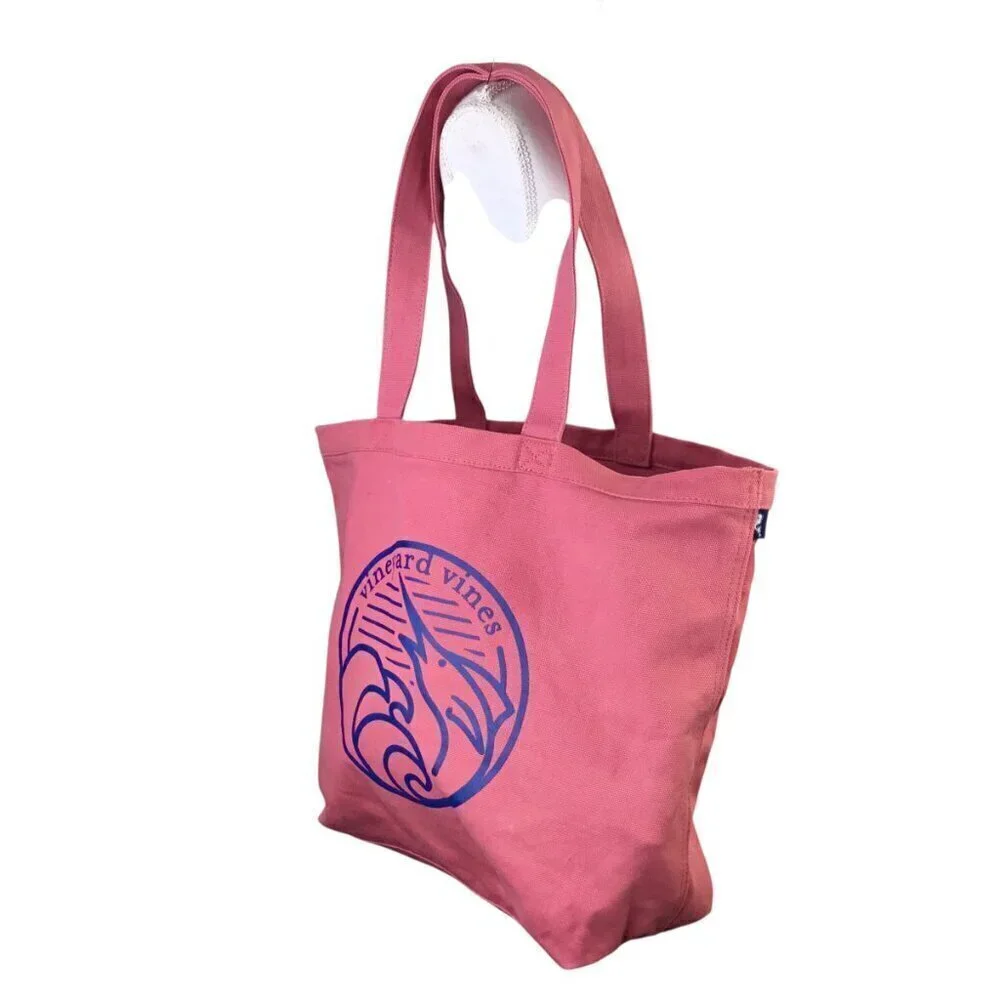 Vineyard Vines NWT Marlin Wave Graphic Canvas Tote Bag Pink #EDSFTG Open Top